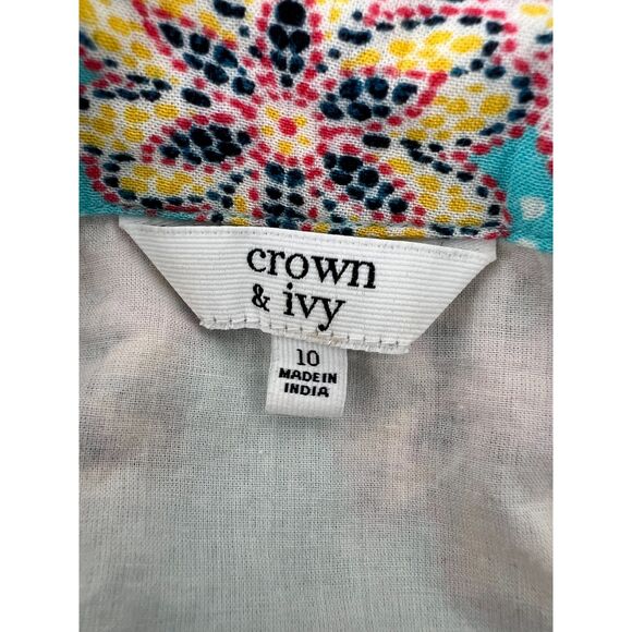 Crown & Ivy Women's Blue Yellow Floral Short Sleeve Shift Dress Pockets Size 10 - Picture 6 of 12